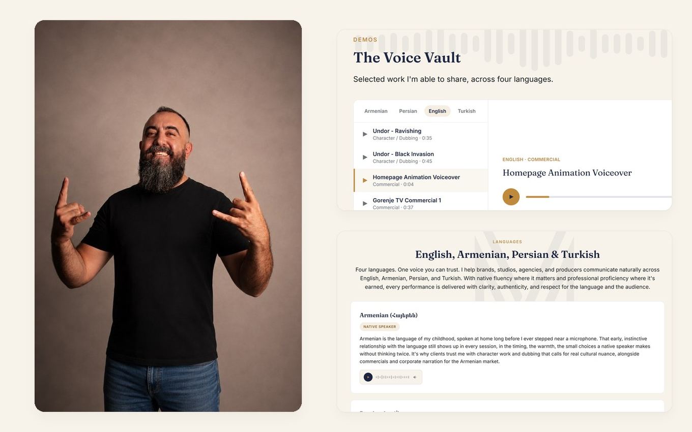 Vahik M. Lee celebrating the launch of vahik.am, alongside a preview of the site's Demos and Languages pages