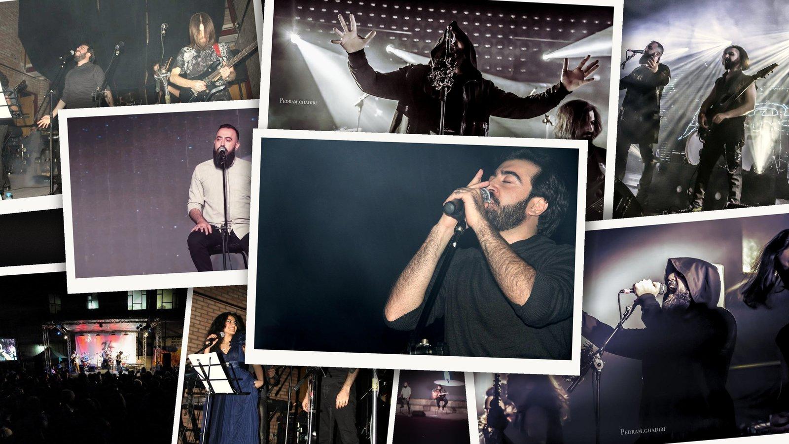 Collage of Vahik M. Lee performing live across different years and bands, a recent screaming stage performance layered in front of earlier shows and recordings