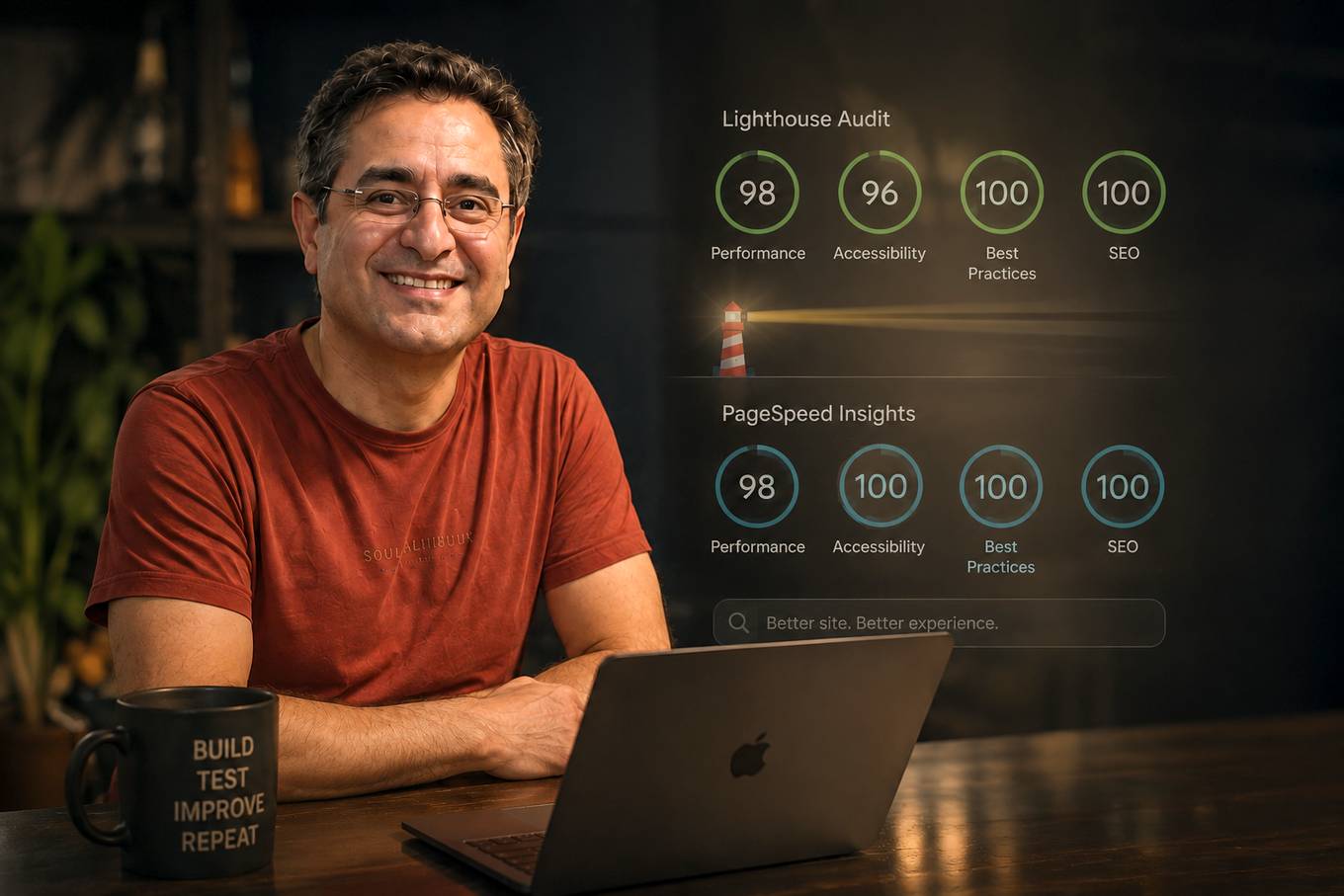 Christopher smiling at his desk with a laptop, a mug reading Build Test Improve Repeat, and Lighthouse and PageSpeed Insights score gauges overlaid, all in the high nineties and hundreds